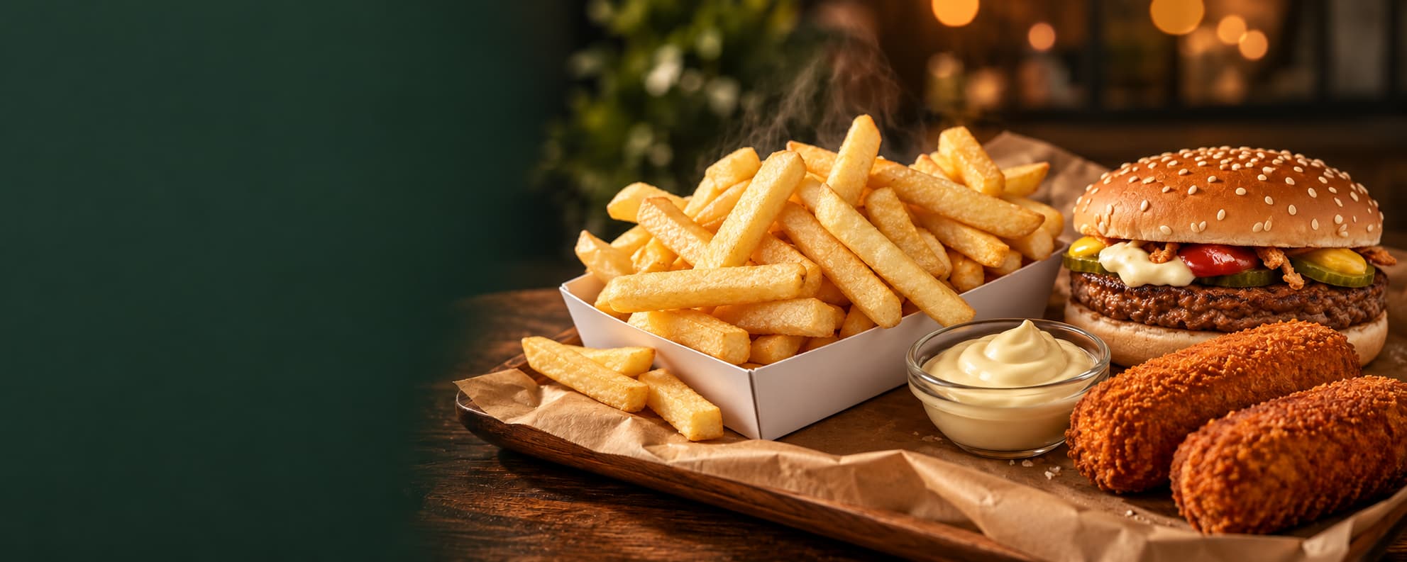 Frietjes van Frituur CM, een Bicky Burger en krokante snacks in warm licht